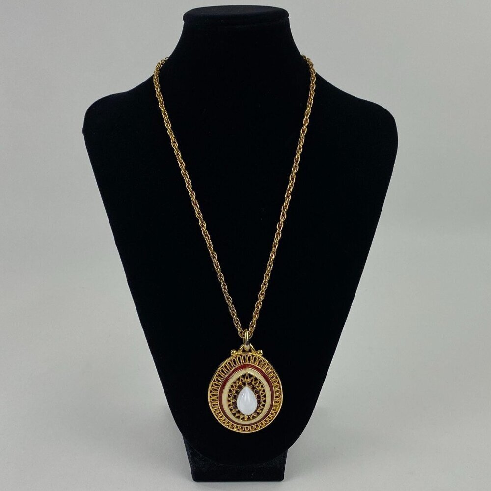Vintage Statement Teardrop Pendant Necklace Red Rhinestones White & Gold Accents